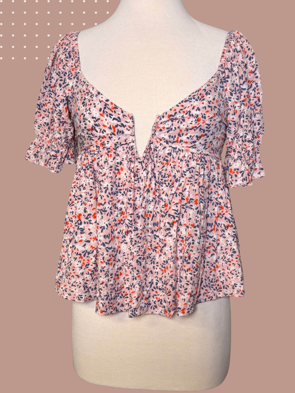 Newbury Kustom Floral Babydoll Top Size M Pink Puff Sleeve Smocked Boho